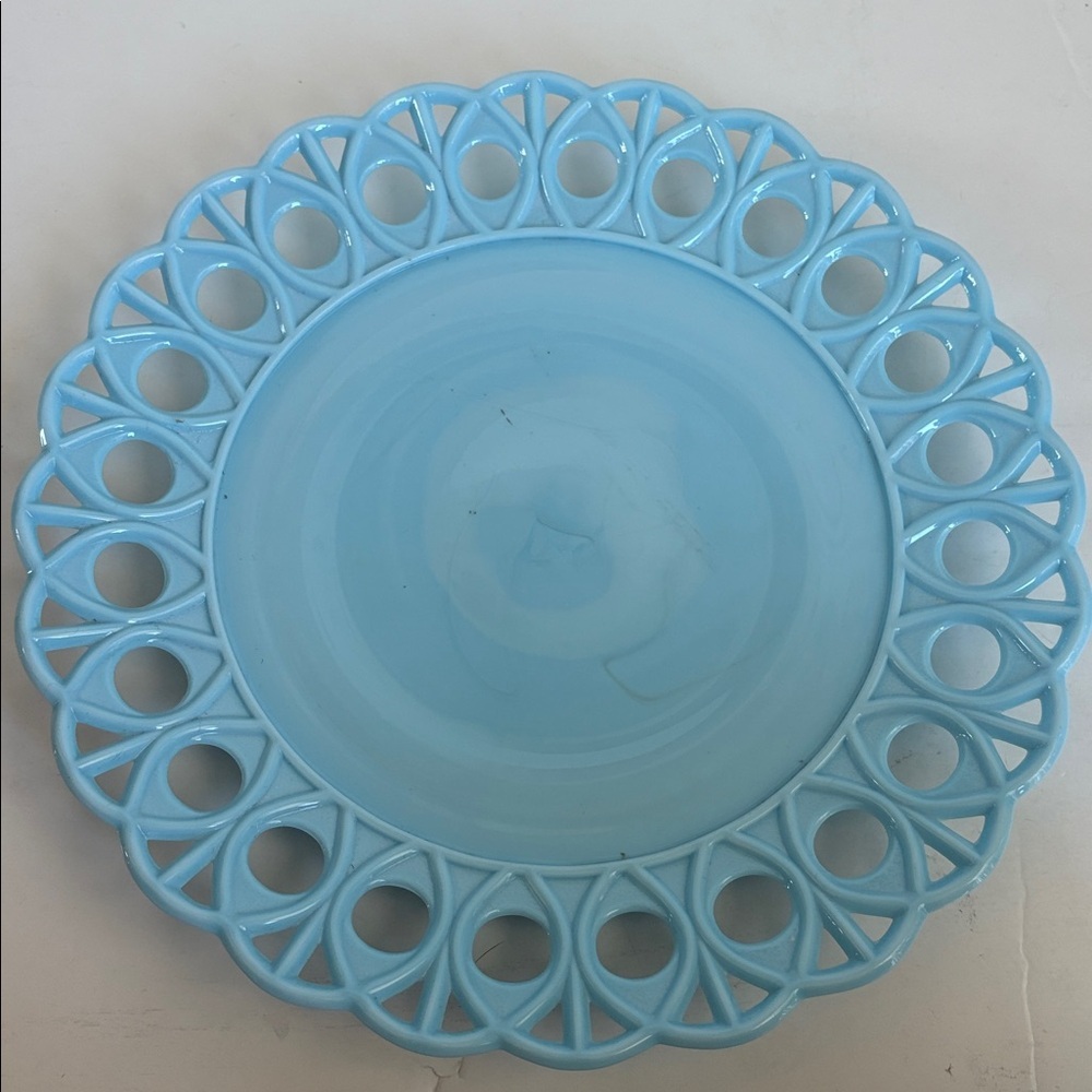 Challinor & Taylor blue milk glass slag glass 8” and 10” scroll and eye plates - Picture 5 of 14